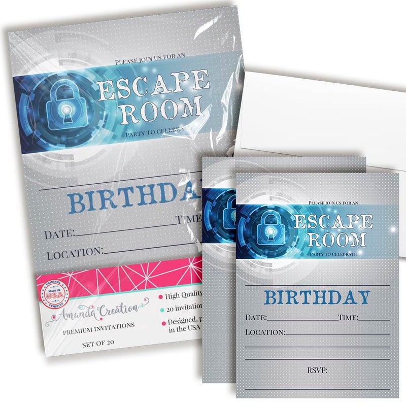 Amanda Creation Escape Room Themed Birthday Party Invitations, 20 5x7 Fill In Cards with Twenty White Envelopes by AmandaCreation - Image 1